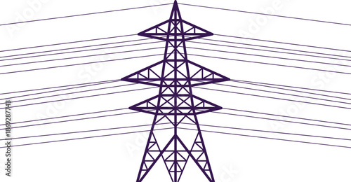 Electric power transmission tower illustration, high voltage pylon with overhead lines for energy grid infrastructure vector design