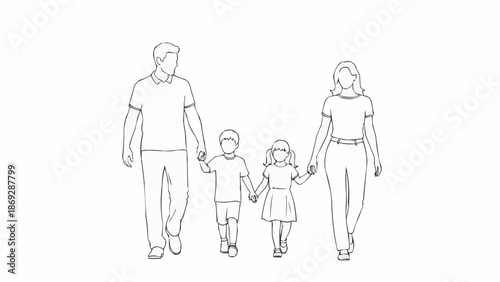 Happy Family Walking Together Holding Hands Simple Line Drawing.