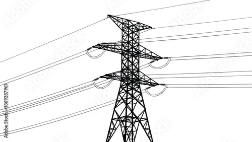 Electric transmission tower close up, black high voltage power lines, energy infrastructure silhouette vector illustration