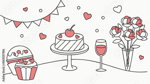 Romantic dessert table with cake, cupcake, wine and flowers for Valentine's Day