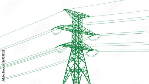 Electric transmission tower close up, green high voltage power lines, energy infrastructure vector illustration design