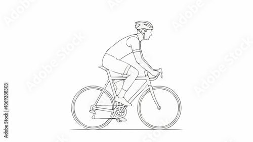 Line Drawing of a Cyclist Riding a Bicycle Wearing a Helmet.