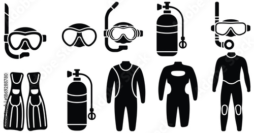 silhouette vector icon set showcasing scuba diving equipment including masks, fins, wetsuits, and oxygen tanks, a premium ranked vector collection ideal for diving apps, educational graphics, 