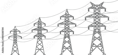 Electric transmission towers line illustration, black outline high voltage power lines, energy infrastructure vector design