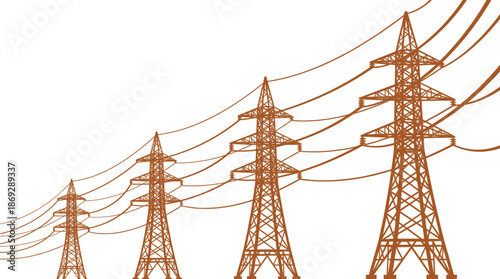Electric transmission towers perspective, orange high voltage power lines, energy grid infrastructure vector illustration