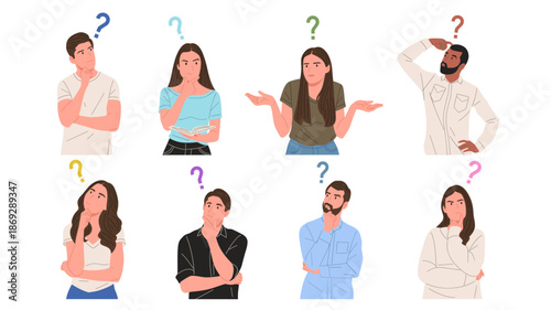 Set of confused people thinking and asking questions. Flat vector illustration of men and women with question marks, showing doubt, problem solving, decision making, curiosity, brainstorming