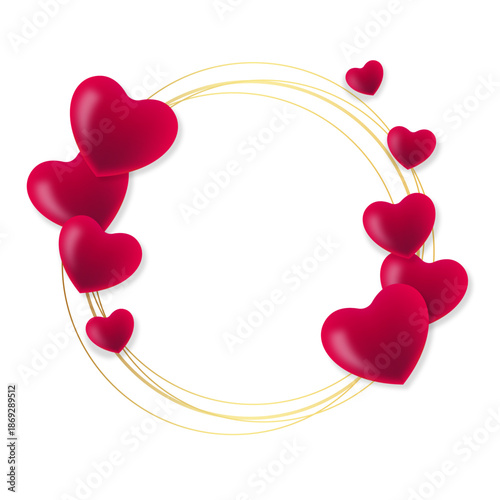 Elegant Valentine's Day Frame Template with 3D Red Hearts and Gold Circular Lines on White with Copy Space