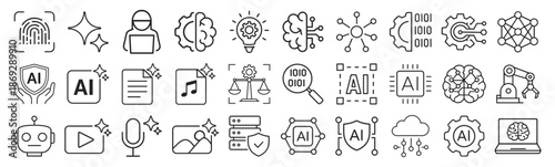Artificial intelligence line icons set, AI technology symbols collection, neural network and machine learning outline vector on transparent background