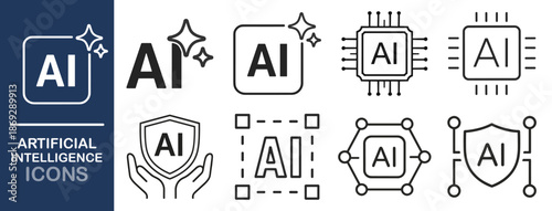 Artificial intelligence line icons set, AI chip neural network security and technology symbols, minimal outline vector collection on transparent background