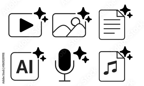 AI content creation line icons set, media files document video audio image symbols, minimal outline vector collection on transparent background