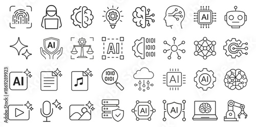 Artificial intelligence line icons set, AI technology symbols collection, neural network and machine learning outline vector on transparent background