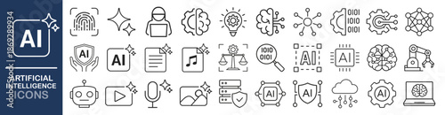 Artificial intelligence line icons set, AI technology symbols collection, neural network and machine learning outline vector on transparent background