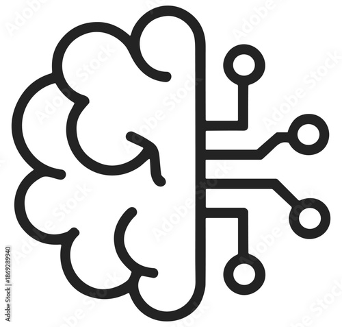 Artificial intelligence brain with circuit connections icon, neural network and digital thinking outline vector on transparent background