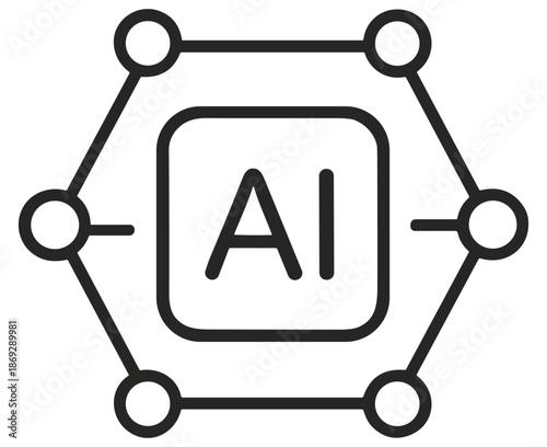 AI network core icon, artificial intelligence system and neural connections outline vector on transparent background