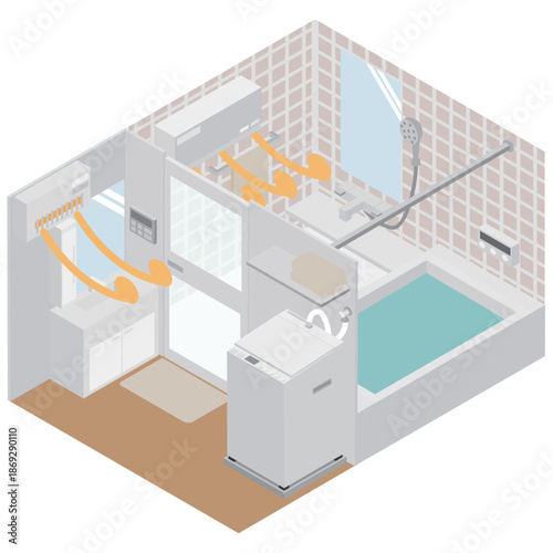 アイソメトリックの脱衣所と浴室に暖房器具を設置して温度のバリアフリーのイメージした素材