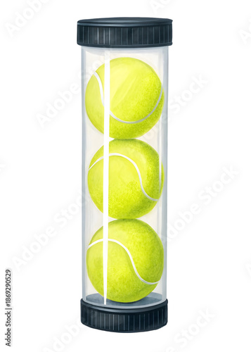 Watercolor Tennis balls in clear plastic tube isolated on a transparent background