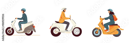 Three diverse people riding modern electric scooters in various colors and styles with protective helmets in flat minimalist vector illustration