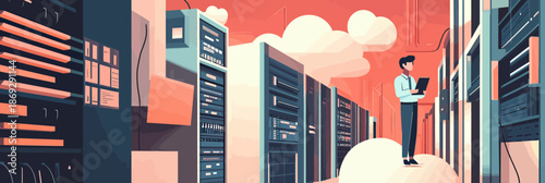 Data center server racks with cloud computing connection and businessperson using laptop in modern technology environment vector illustration