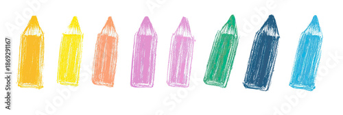 Hand drawn colorful crayon pencils set in a row with rough sketch texture for kids art and creative design elements in flat minimalist vector style
