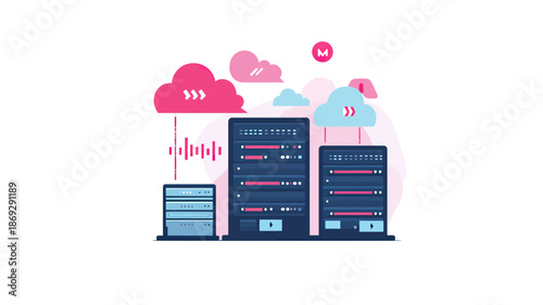 Cloud computing servers with data storage units and wireless connection symbols in minimalist flat vector design for web hosting technology concept illustration