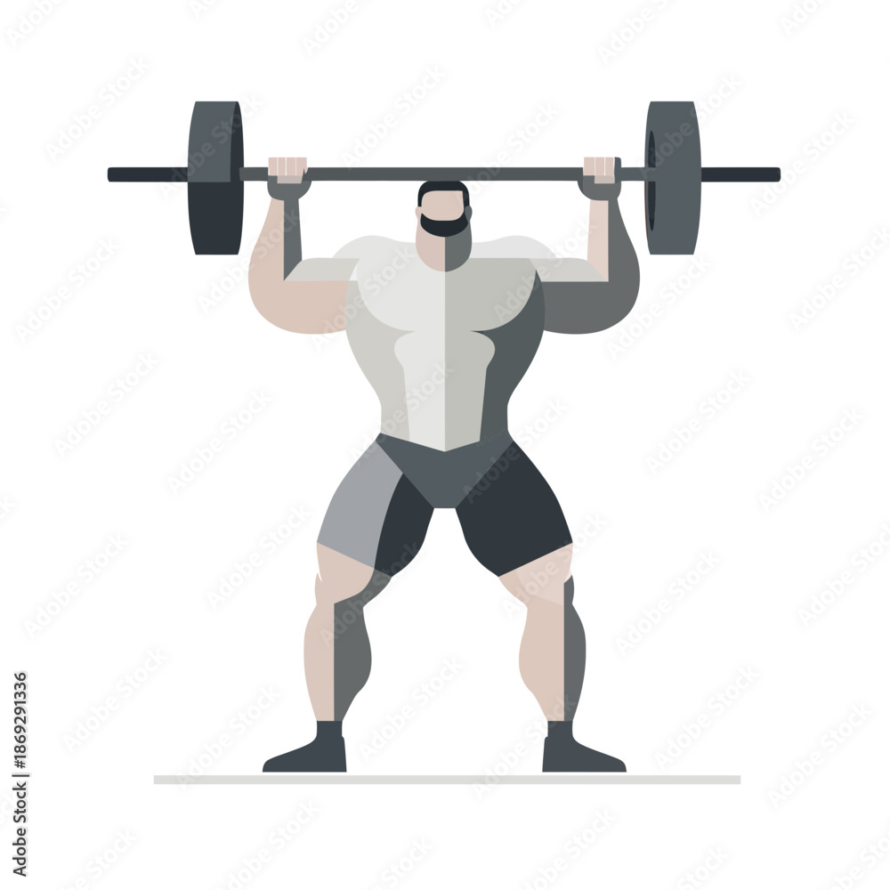 Naklejka premium Strong muscular man lifting heavy barbell in minimalist flat vector style with geometric shading and simple color palette for fitness concept illustration