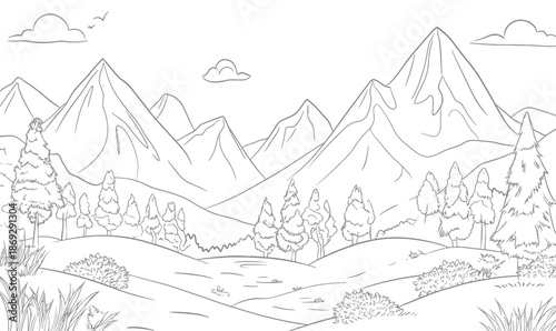 Black and white minimalist vector outline of mountain landscape with forest trees, hills, clouds, and birds in natural outdoor scenery drawing