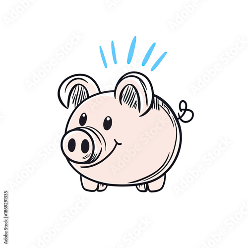 Hand drawn piggy bank doodle with happy face and playful sketchy style isolated on white background vector illustration for savings concept design