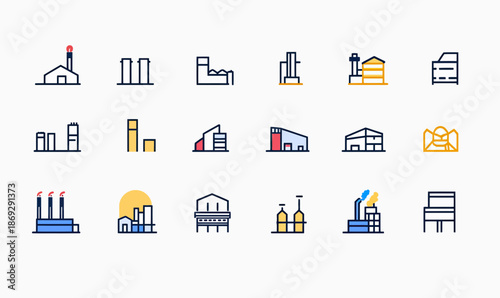 Set of 20 flat minimalist factory and industrial building icons with chimneys, warehouses, and manufacturing facilities symbolizing industry and production concepts in vector style