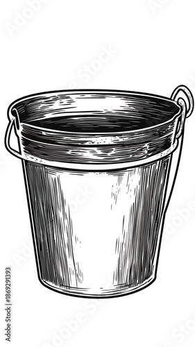 Vintage metal bucket with handle detailed engraving black and white line art illustration for rustic industrial or farmhouse style design