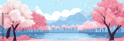 tranquil riverside landscape with blooming cherry blossom trees pink petals falling calm water reflection mountain background clear sky spring season vector illustration minimalist flat style