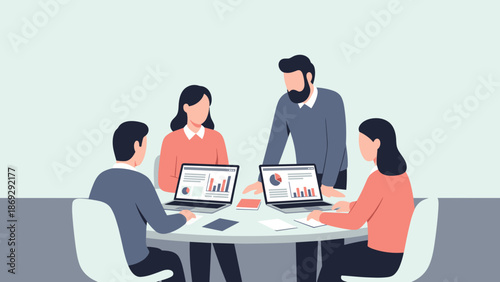Business team meeting with colleagues working on laptops and discussing project strategy, modern office collaboration concept in flat vector illustration style