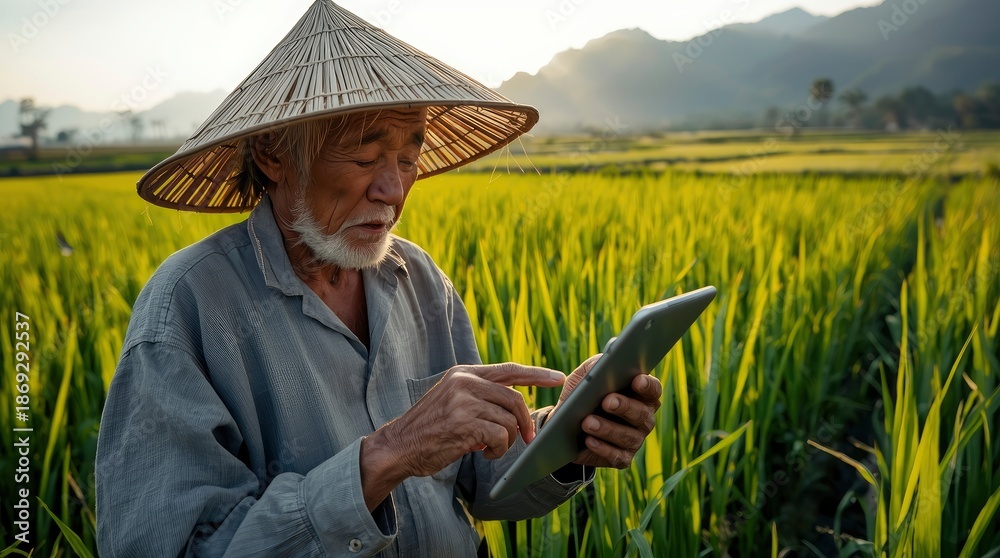 Fototapeta premium An experienced agricultural worker, wearing a traditional conical hat, thoughtfully uses a digital tablet in a vibrant green crop field under the warm glow of dawn or dusk. This image beautifully illu