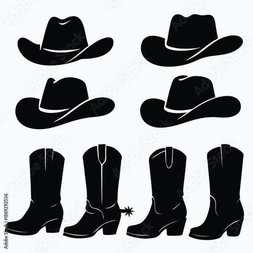  Set of Cowboy Hats and Boots Silhouette Vector Clip Art – Western Fashion Icons Isolated on White Background