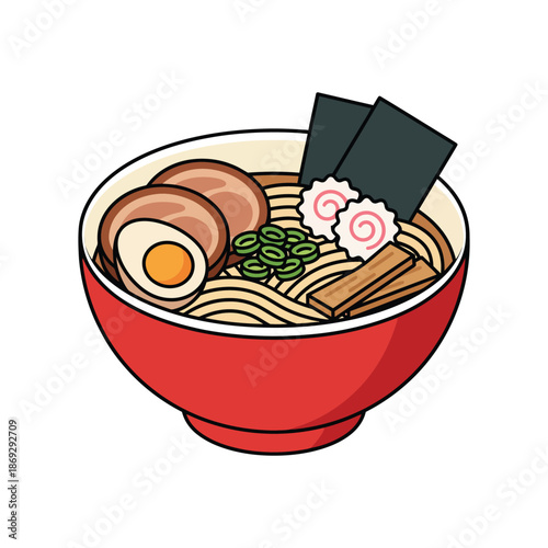 Colorful Vector Illustration of an Authentic Japanese Ramen Dish, complete with Rich Broth, Sliced Pork, Marinated Egg, Green Onions, and Nori Seaweed
