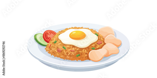 Savory Asian fried rice, elegantly presented with a golden fried egg, fresh vegetables, and crispy crackers. A traditional and satisfying meal concept