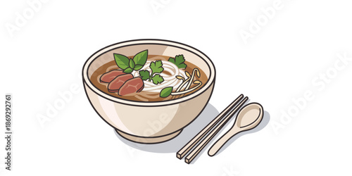 Vibrant illustration of a steaming bowl of traditional Vietnamese pho noodle soup, a comforting and flavorful culinary delight that embodies authentic Asian cuisine