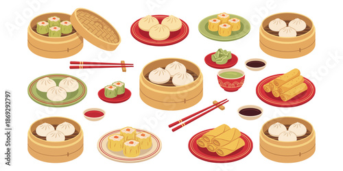 A vibrant collection of popular Chinese dim sum dishes and accompaniments, artfully arranged