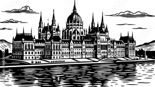 Very beautiful view of the Hungarian Parliament building and the Danube River in Budapest, Hungary, combining monumental architecture with calm waters for a timeless and iconic European city scene.