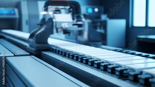 Automated Manufacturing Conveyor Belt System with Robotic Arm Precision in a Blue Toned Factory Setting Under Bright Industrial Lights Capturing Advanced Technology and Production Processes