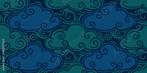 A serene illustration of swirling cloud patterns against a dark blue background
