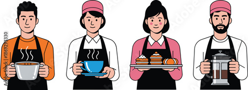 Cafe barista team vector illustration showing staff holding coffee cups desserts french press modern flat character design style concept art