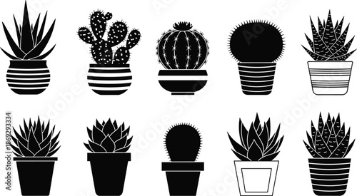 Cactus and succulent silhouette vector collection, potted desert plants set in black, minimalist botanical illustration for home decor, branding, and nature design