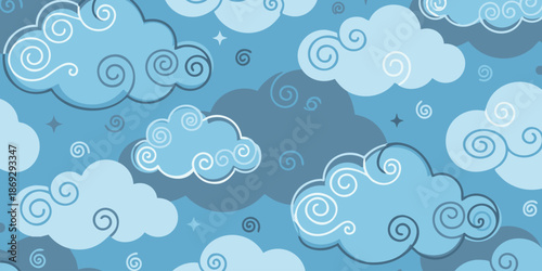 Whimsical illustration of clouds and swirls in a serene blue sky