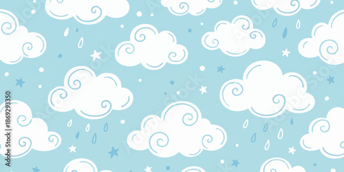 A serene illustration of clouds and rain on a light blue background with stars and swirls