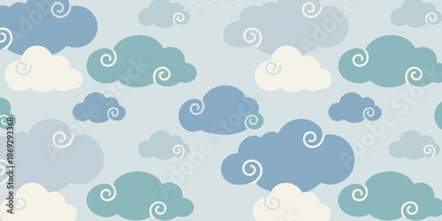 Whimsical clouds float gently across a serene blue sky with soft, white, and teal hues from a bird's eye view