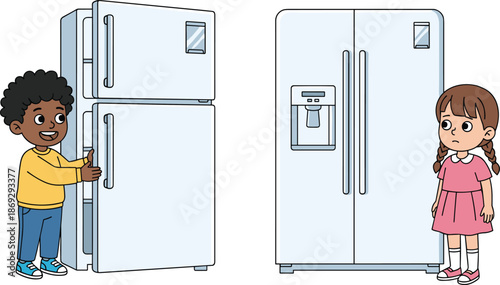 Children comparing refrigerator types illustration showing kids standing near modern fridge appliances for home kitchen safety education vector design