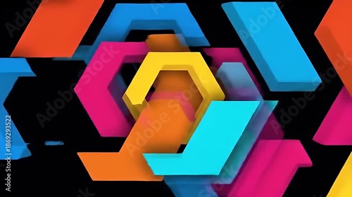 Vibrant Hexagonal Shapes Dance Abstractly On Black Background Dynamic 3D Motion Graphics With Bright Yellow Orange Blue Pink Purple Colors In A Mesmerizing Geometric Design With Subtle Shadows 