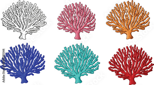 Colorful coral reef illustration set featuring hand drawn sea coral shapes in multiple colors for marine life vector design