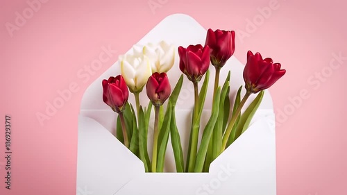 A Bouquet of Red and White Tulips Emerging From a White Envelope Against a Soft Pink Gradient Background with Gentle Lighting