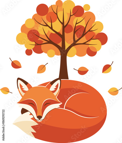 Cute sleeping fox under autumn tree vector illustration with falling leaves cozy forest animal design for seasonal nature artwork